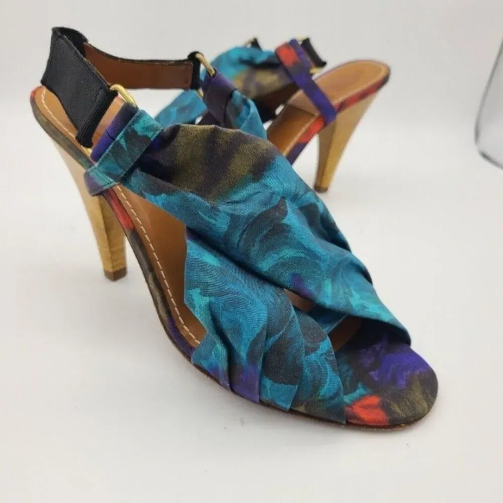 LANVIN Heels sandals Paris Ete 2010 Slingback Rare blue Fabric  Sz 6 5 7 37.5